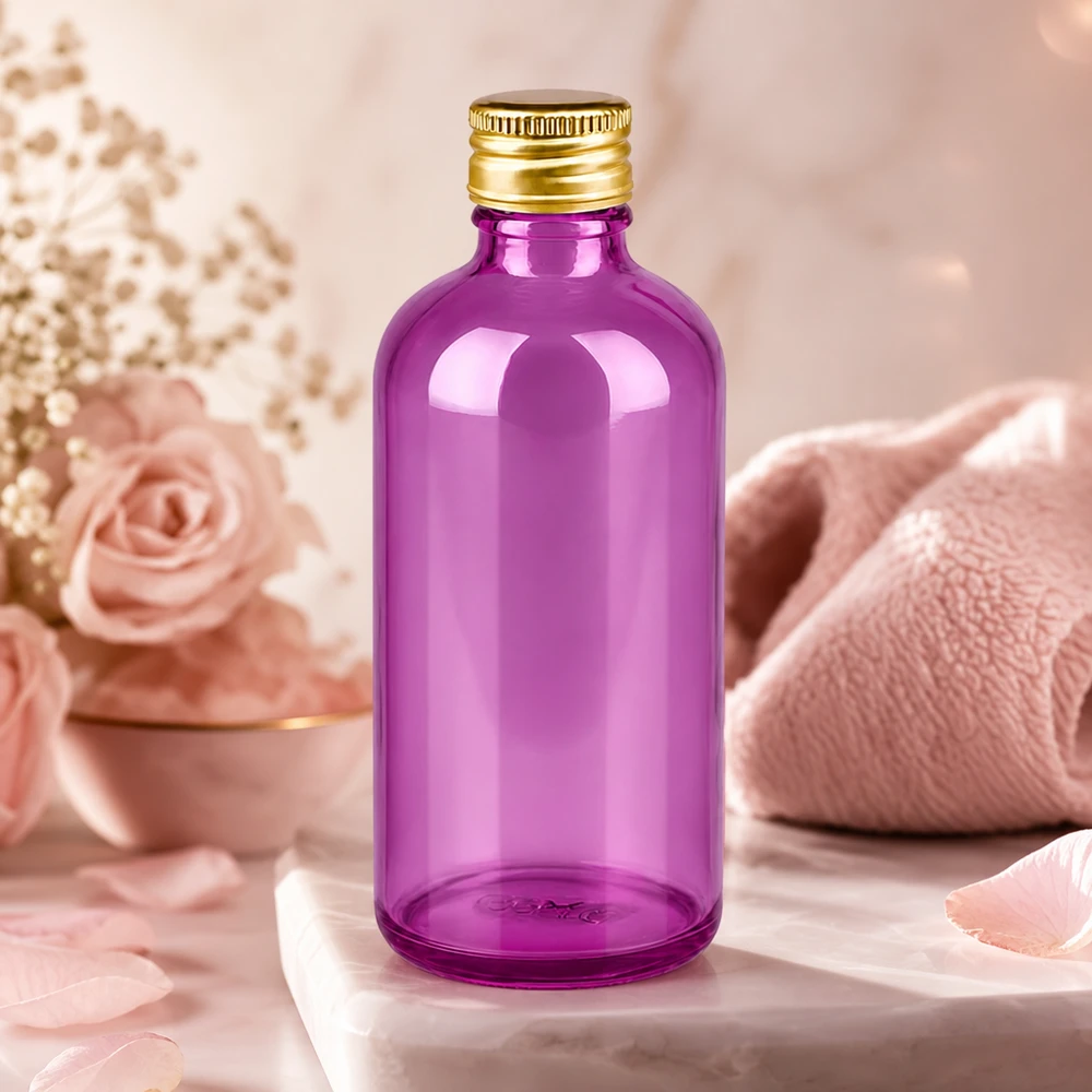 100ml flaska 11mm skruvkork aluminium guld standard PurpleLine. UT18/100 Kompakt 100 ml apoteksflaska av violett glas med praktisk 18 mm skruvgänga