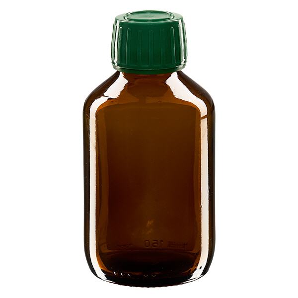 150 ml medicinflaska brun, grönt lock med säkerhetsring ApoGlas 150 ml medicinflaska brun, grönt lock med säkerhetsring ApoGlas