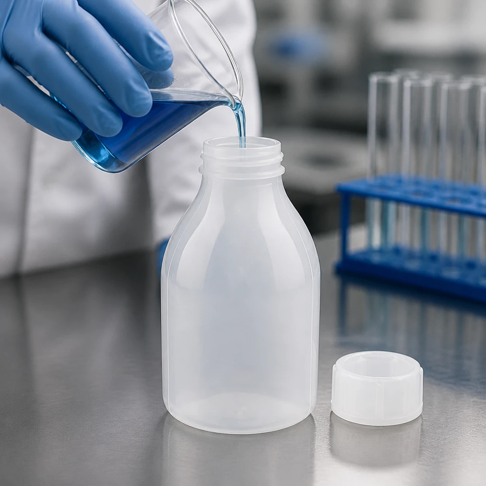 30ml skruvflaska, laboratorieflaska med smal hals Den blå vätskan hälls i en genomskinlig 30 ml laboratorieflaska av plast med smal hals