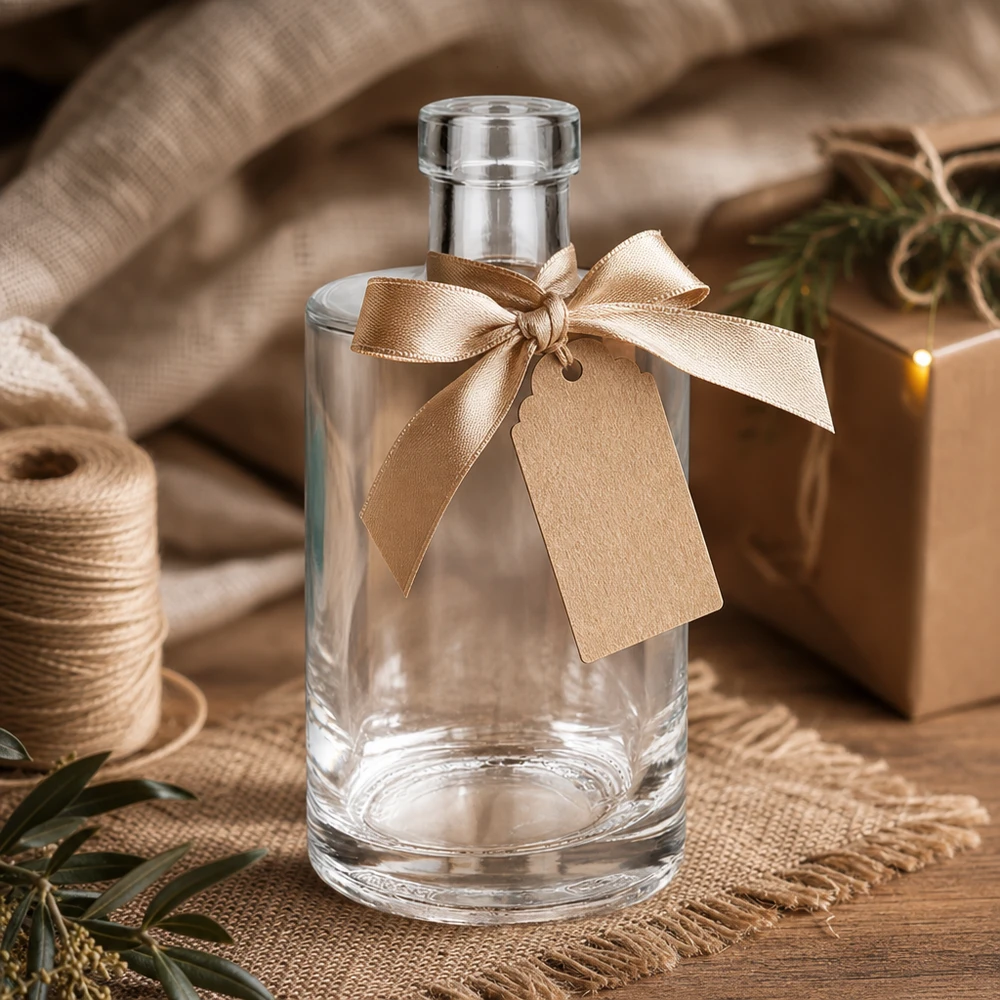 350 ml glasflaska Marie utan lock UNiTWIST® 350 ml glasflaska Marie med gyllene rosett och presentetikett rustik presentförpackning Bild 10 av 10