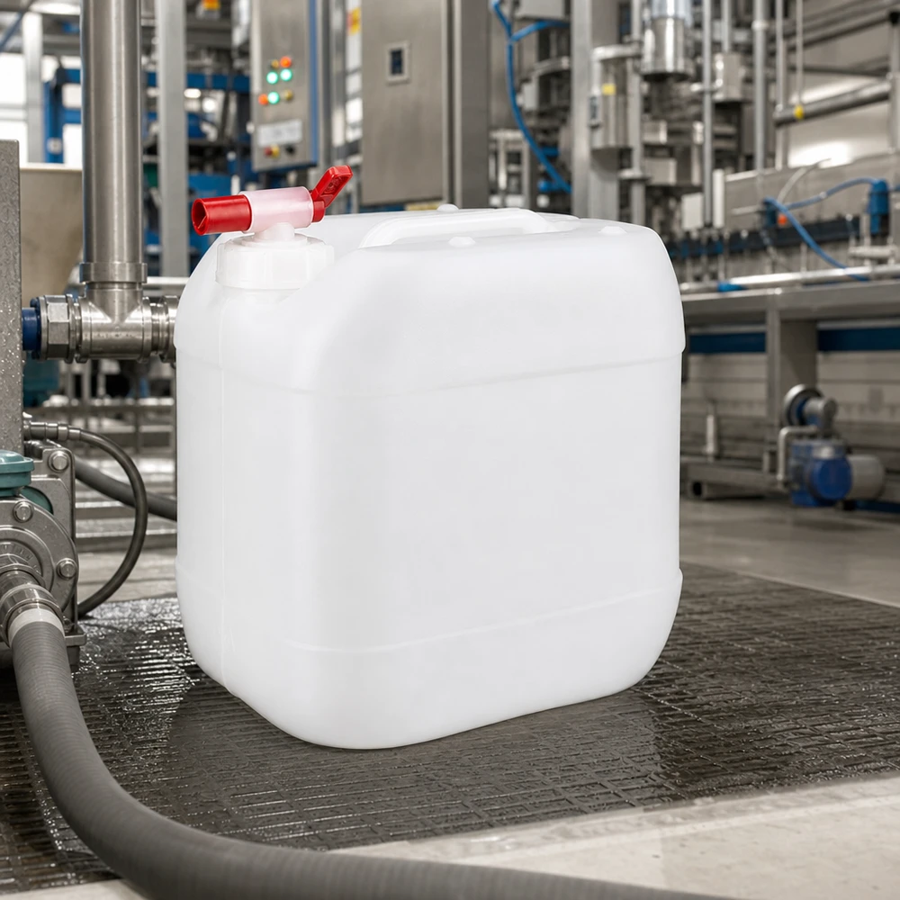 Dunk 15 liter med avtappningskran 15-liters industrikanister med röd tappkran på transportbandet i en modern produktionsanläggning