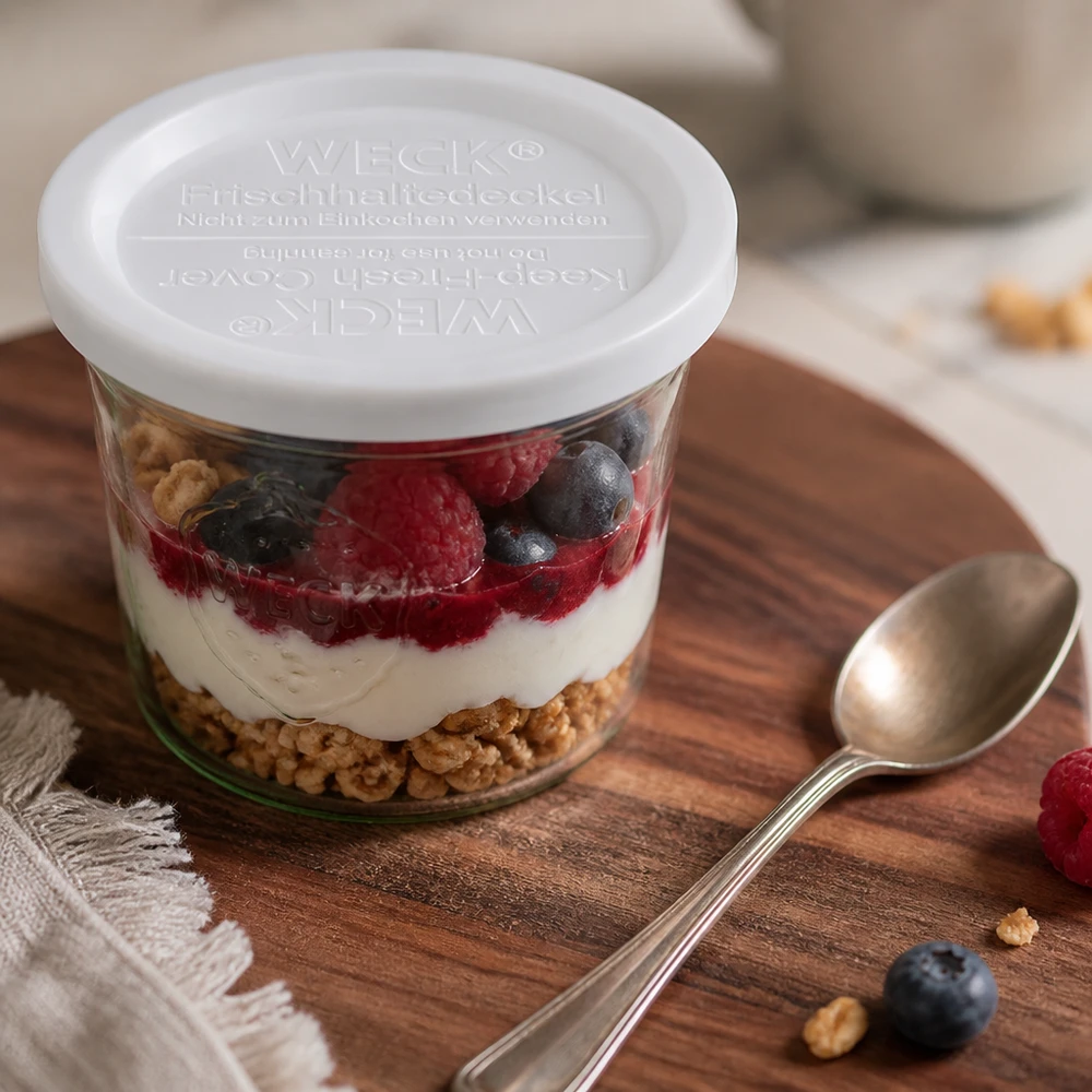 WECK keep-fresh lock RR120 på yoghurt- och bärdessert i burk med sked på träbräda Kökstillbehör