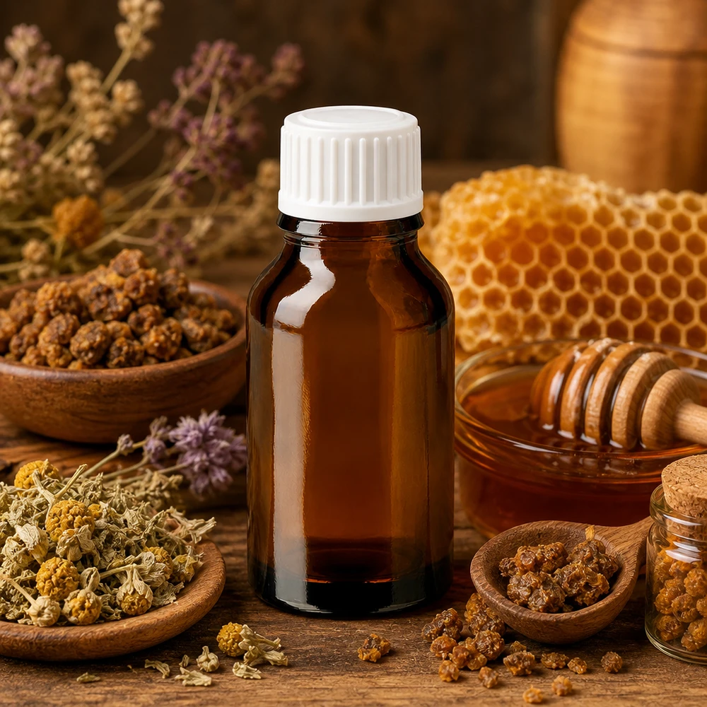 Brun 30 ml apoteksflaska i glas med vitt lock, omgiven av propolis, honungsvax och örter