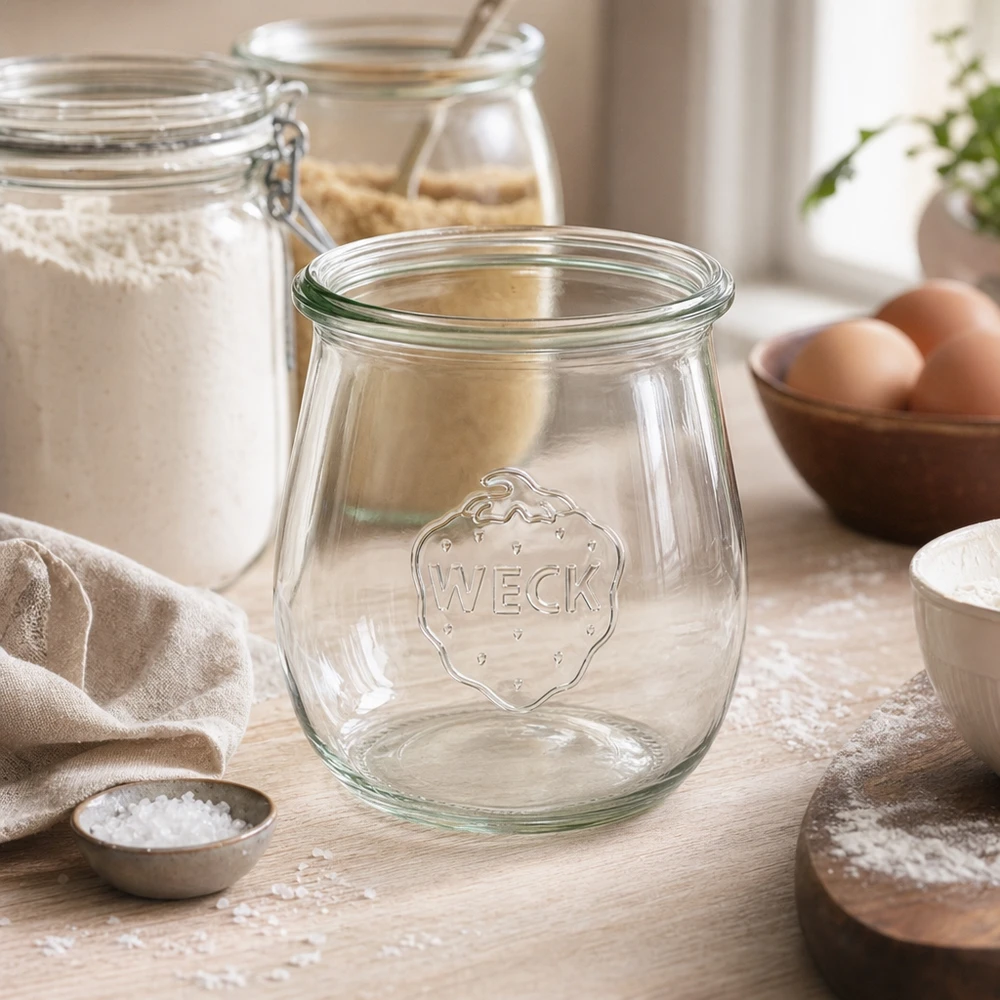 220ml tulpanburk WECK RR60 WECK tulpanburk 220ml RR60 transparent tom i köksscen med mjöl, ägg och bakingredienser på träbord