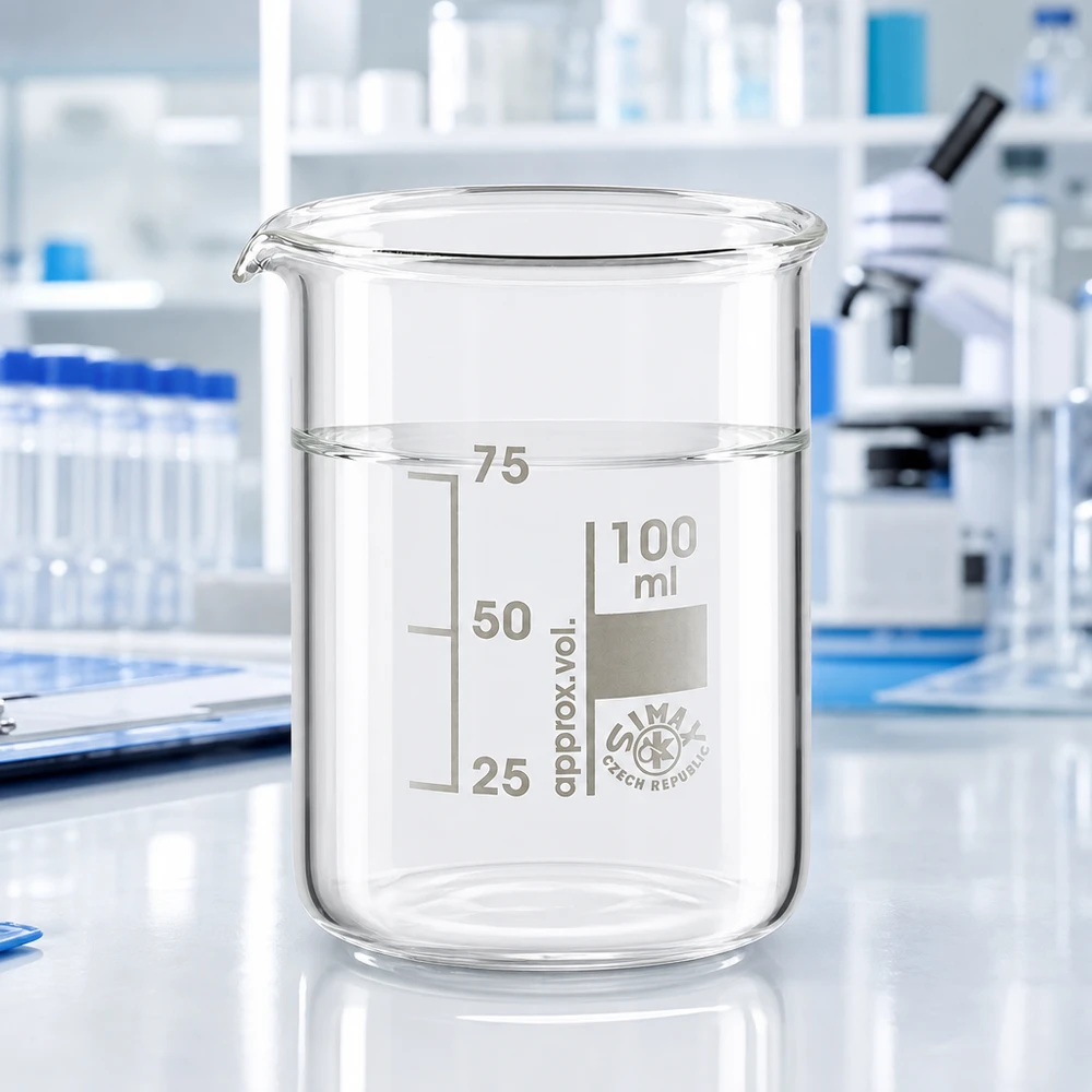Transparent bägare 100 ml tillverkad av robust borosilikatglas med exakt volymgradering