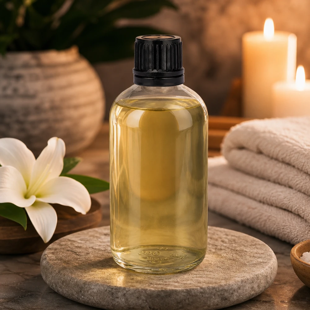 Cylindrisk 100 ml-flaska i klart glas på en natursten med vit lilja och ljus på ett spa