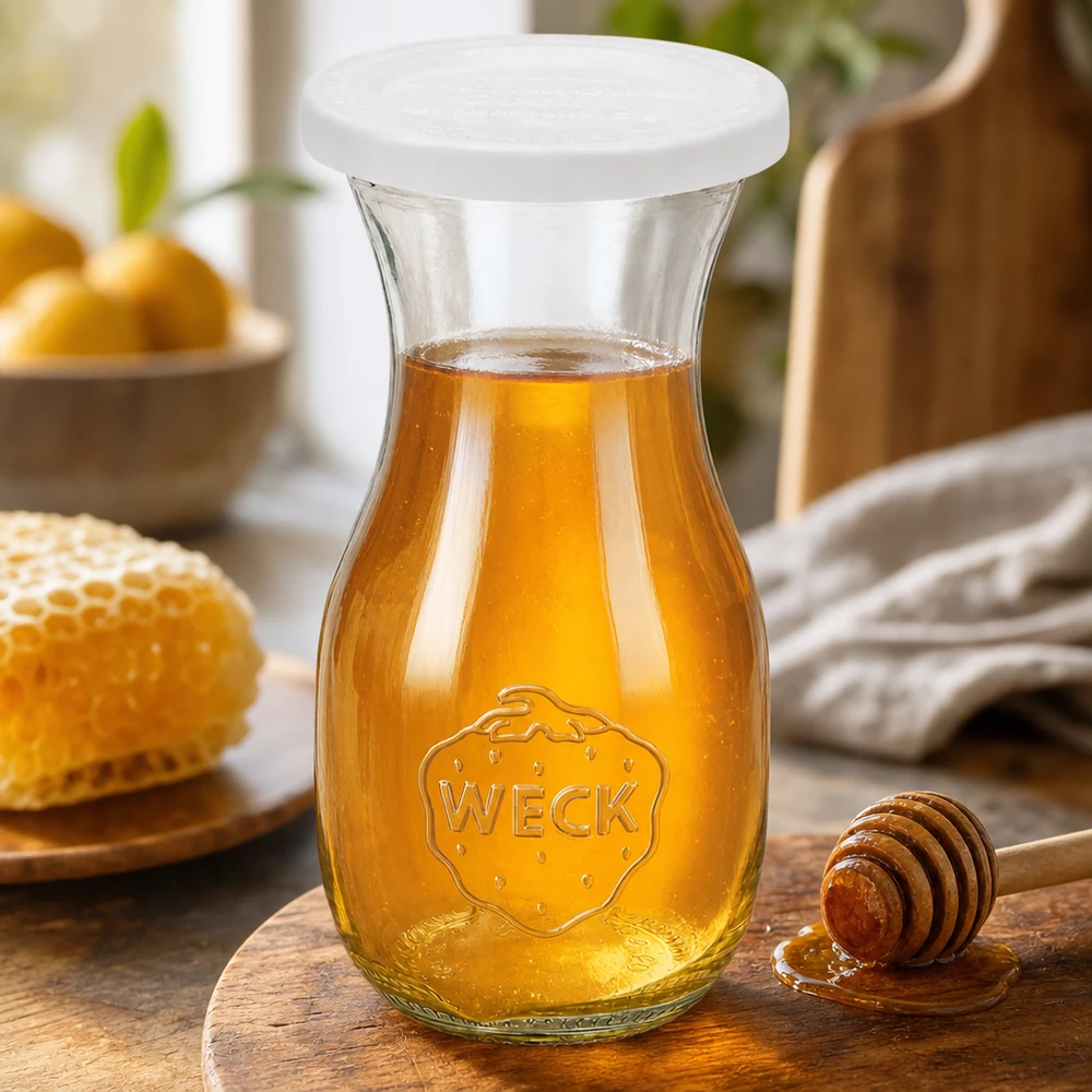 WECK 290 ml juiceflaska med RR60 fräscht lock fylld med gyllene honung bredvid honungssked och honungskaka