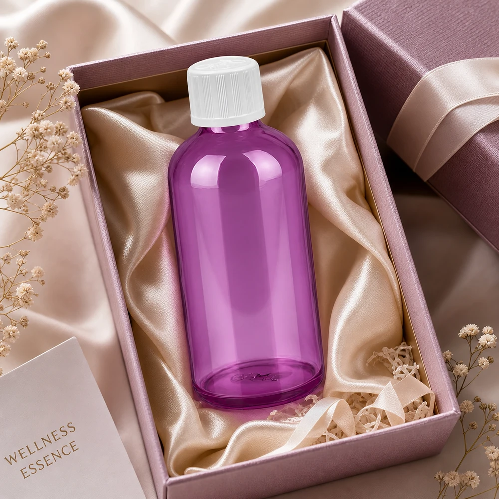 Lila glasflaska 100ml i lyxig presentförpackning med satinfoder och band