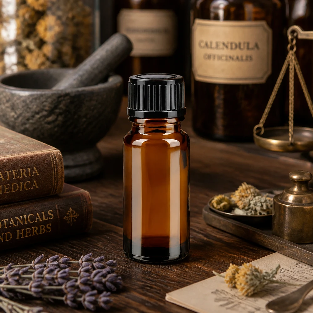 Apoteksflaska brun 10ml skruvkork svart standard Brun 10 ml apoteksflaska SV STD med 11 mm skruvlock bredvid en flaska med Calendula Officinalis