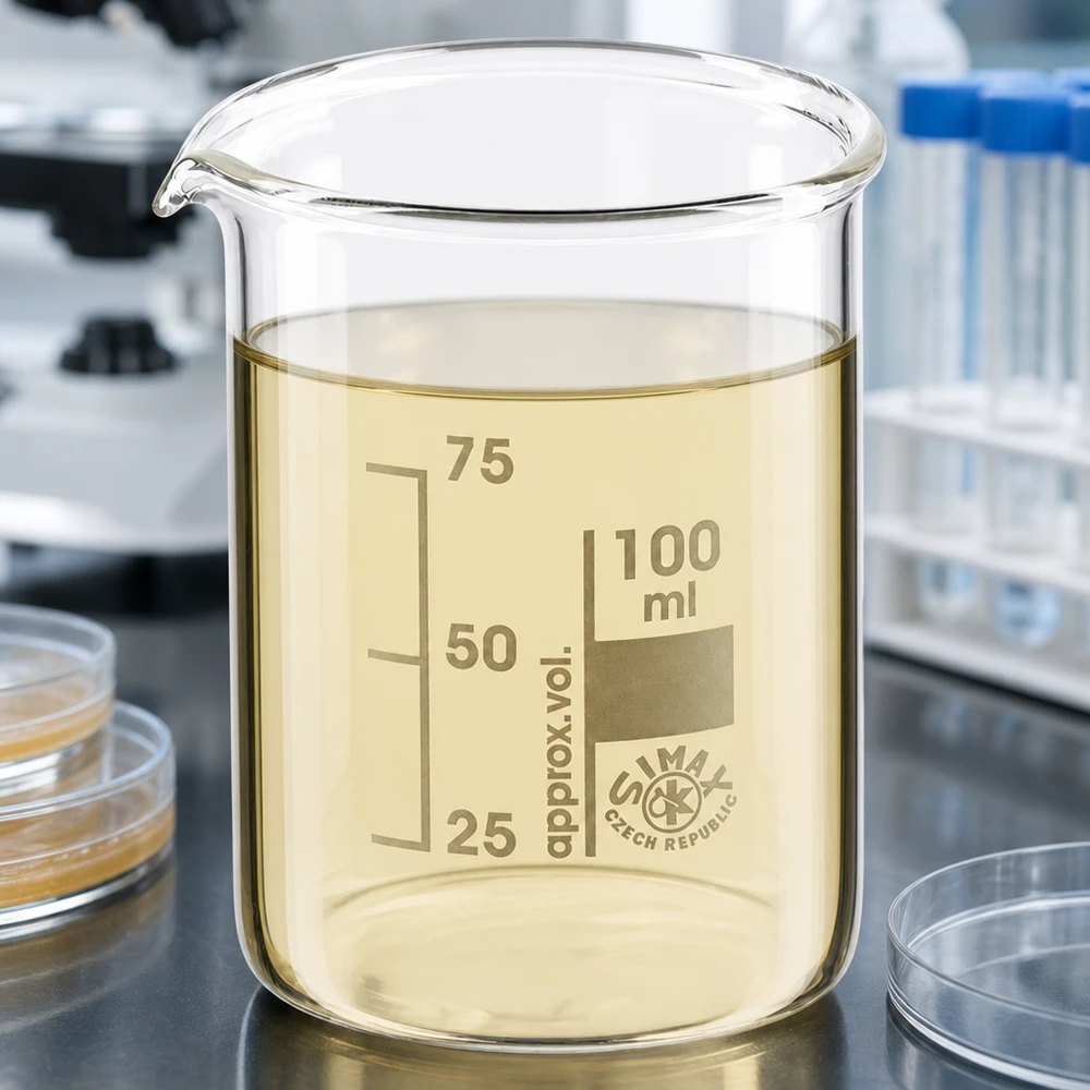 Transparent bägare 100 ml av borosilikatglas med gul vätska och exakt gradering
