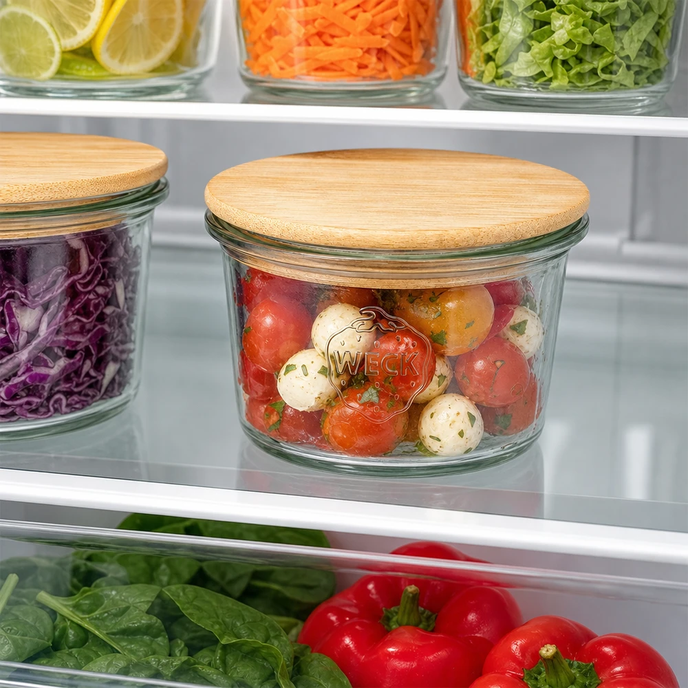 35ml Krossade glasögon WECK RR40 med trälock WECK Mini Sturzglas 35ml mit Bambus Holzdeckel zur Aufbewahrung von Tomaten und Mozzarella im Kühlschrank organisiert