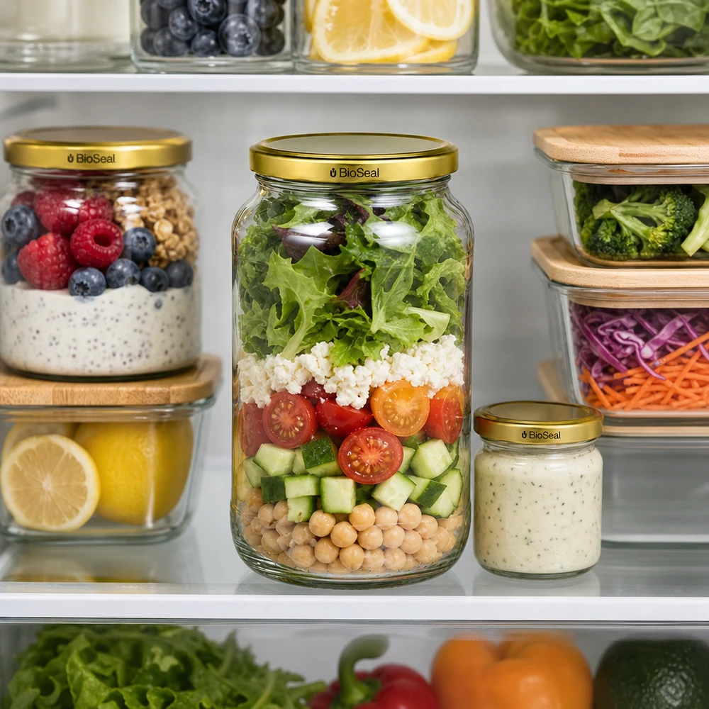 1062ml rund burk med guld UNiTWIST BioSeal-lock UNiTWIST Runda1062 Meal Prep Kylskåp Sallad Skiktad Sallad TO82 BioSeal Guldlock Förvaringsburk Håller sig fräsch