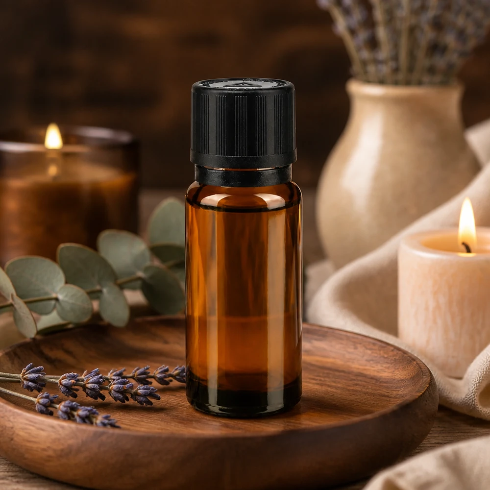 Aromaterapi-droppflaska, 10 ml, i apoteksglas med säkerhetslock, på träbricka