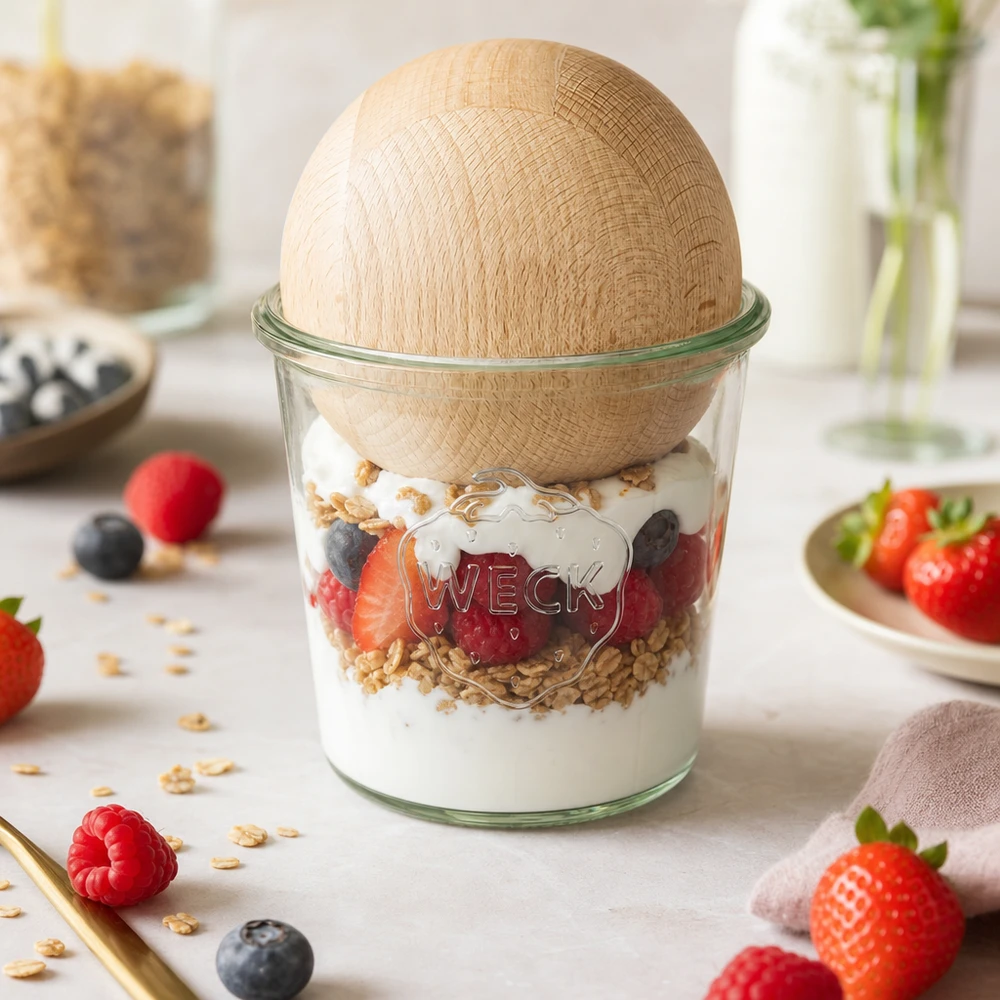 580 ml Krossade glasögon WECK RR100 med träkula bok WECK RR100 580 ml murarburk med bokträkula som flingskål med yoghurt, bär och granola på köksbänken