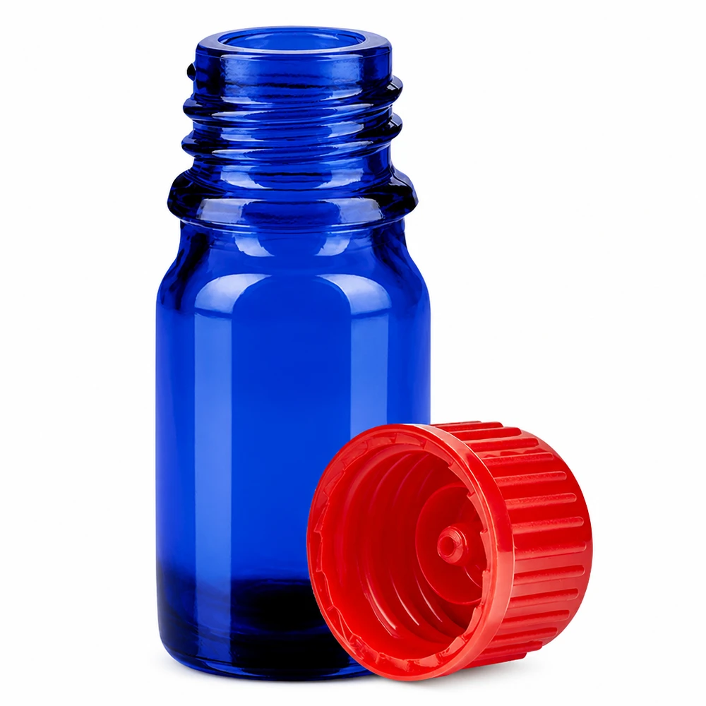 5 ml flaska 11mm skruvkork röd standard BlueLine UT18/5 Liten 5 ml laboratorieflaska av blått glas med 11 mm rött standardlock för exakt dosering