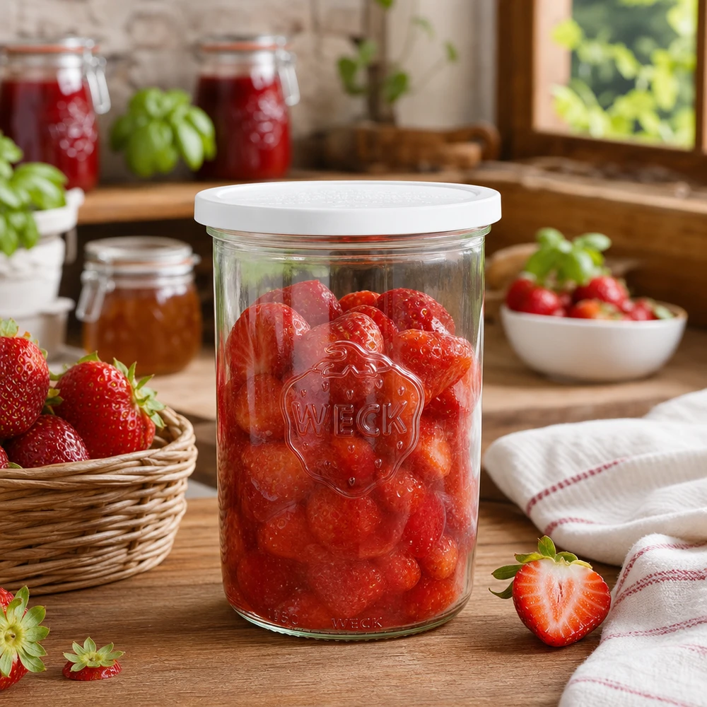 1000ml Krossade glasögon med lock WECK RR100 WECK konserveringsburk 1000ml RR100 med inlagda jordgubbar i rustikt kök med färsk frukt