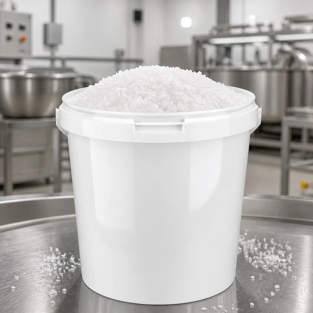 Vit PP-hink på 10,7 liter fylld med salt inom professionell livsmedelsproduktion