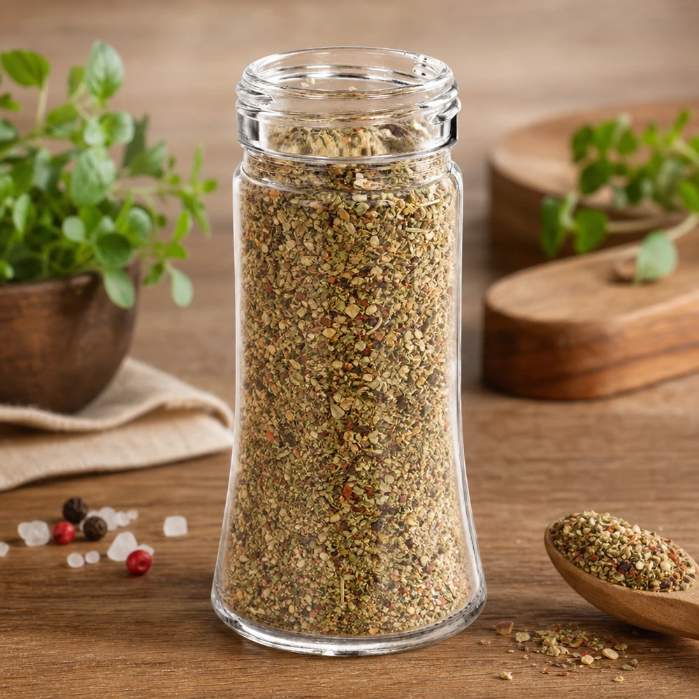 Kryddburk Bobby 95 ml fylld med en örtblandning med oregano bredvid färska örtplantor