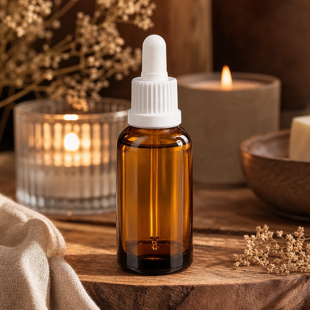 Kompakt 30 ml pipettflaska av UV-skyddande bärnstensfärgat glas med praktiskt dropplock