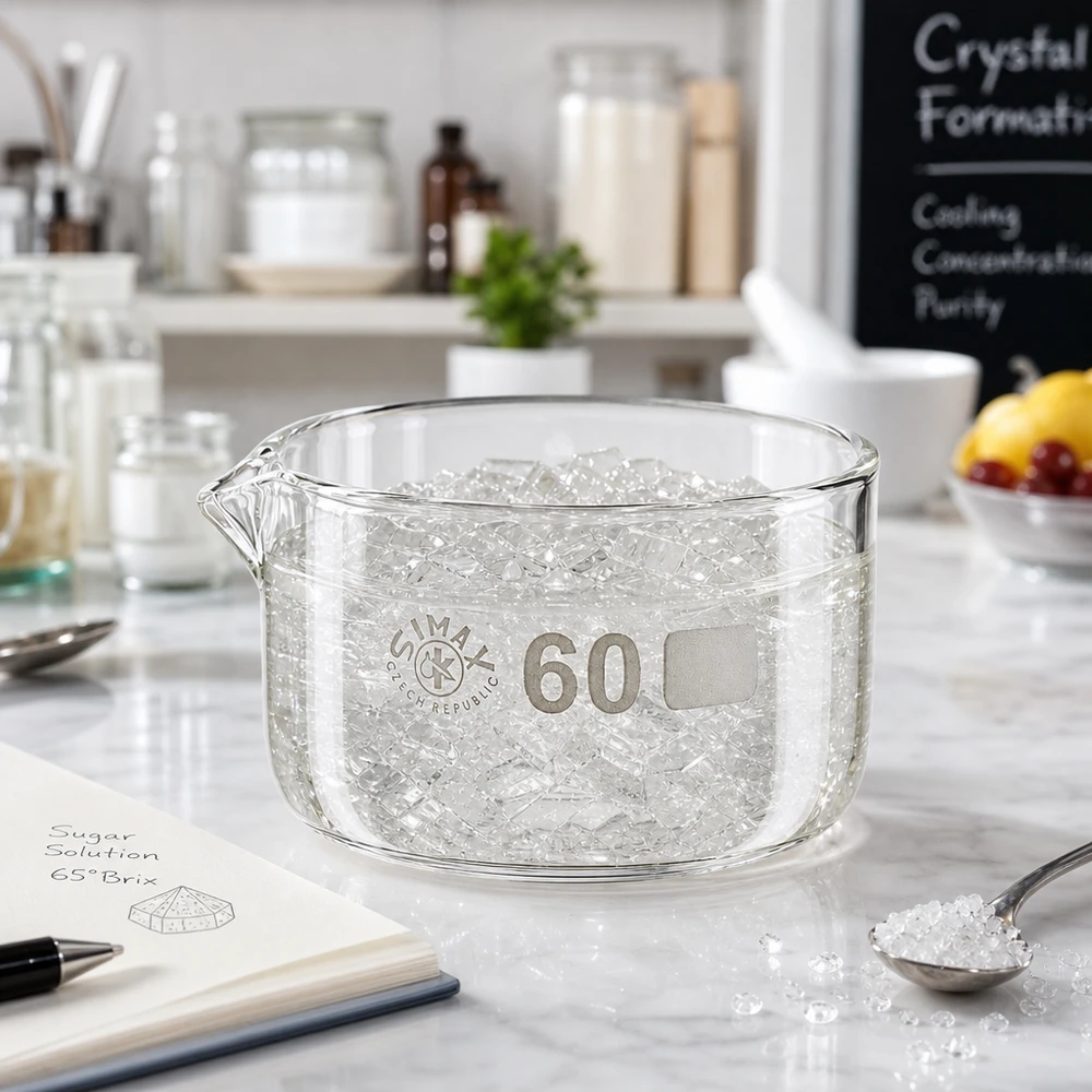 60ml kristalliseringsskål med pip av borosilikat ø60mm Kristallisationsskål 60 ml, isbitar, kylning, borosilikatglas, platt, cylindrisk, utlopp, laboratorieskål