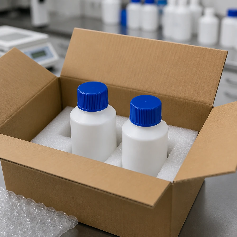 Apoteksflaska HDPE 50ml vit, med blått skruvlock Två vita HDPE-apotekflaskor à 50 ml med blå skruvlock, säkert förpackade i kartong