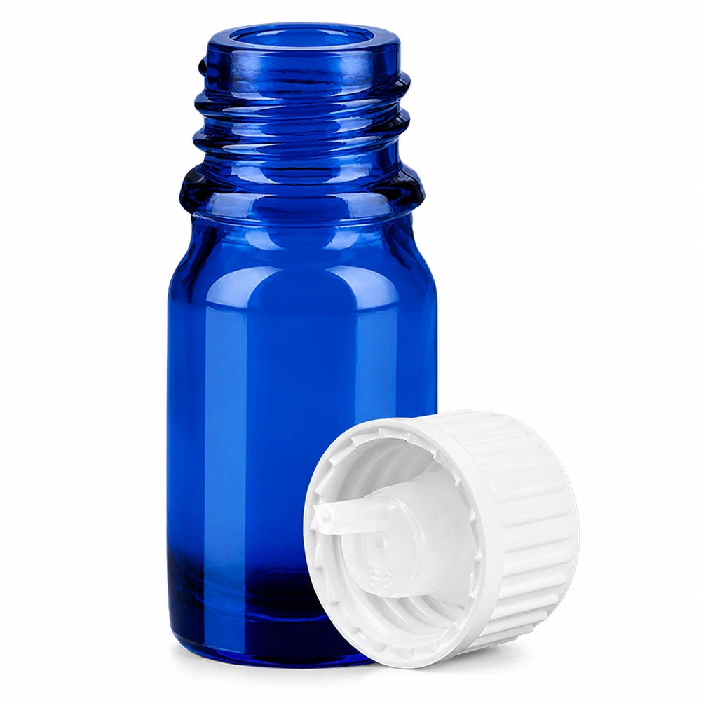 5ml Droppflaska 0.9mm vit standardförslutning BlueLine UT18/5 Blå glasflaska 5ml med dropplock STD BlueLine för eteriska oljor och vätskor
