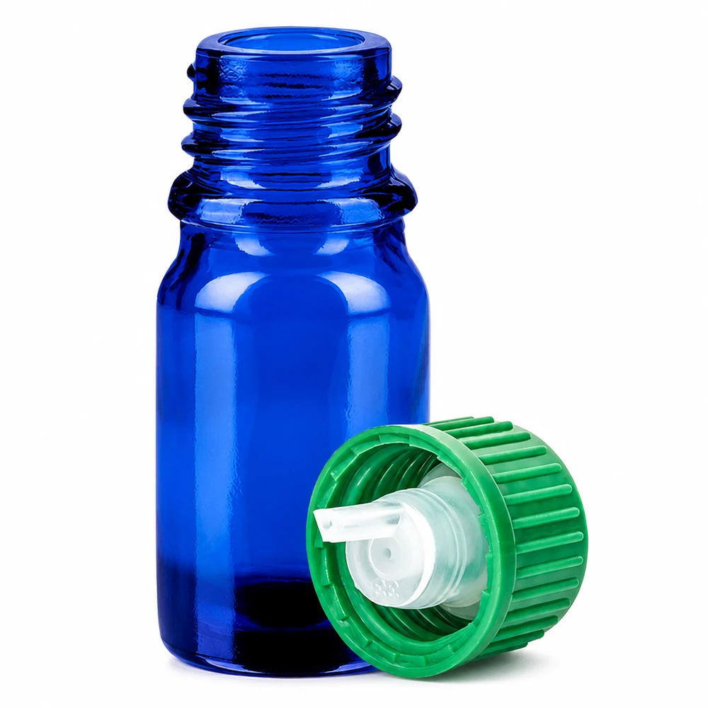 5 ml droppflaska 0,8 mm grön med standardlock BlueLine UT18/5 5 ml droppflaska av blått glas med 0,8 mm droppinsats för läkemedel och eteriska oljor