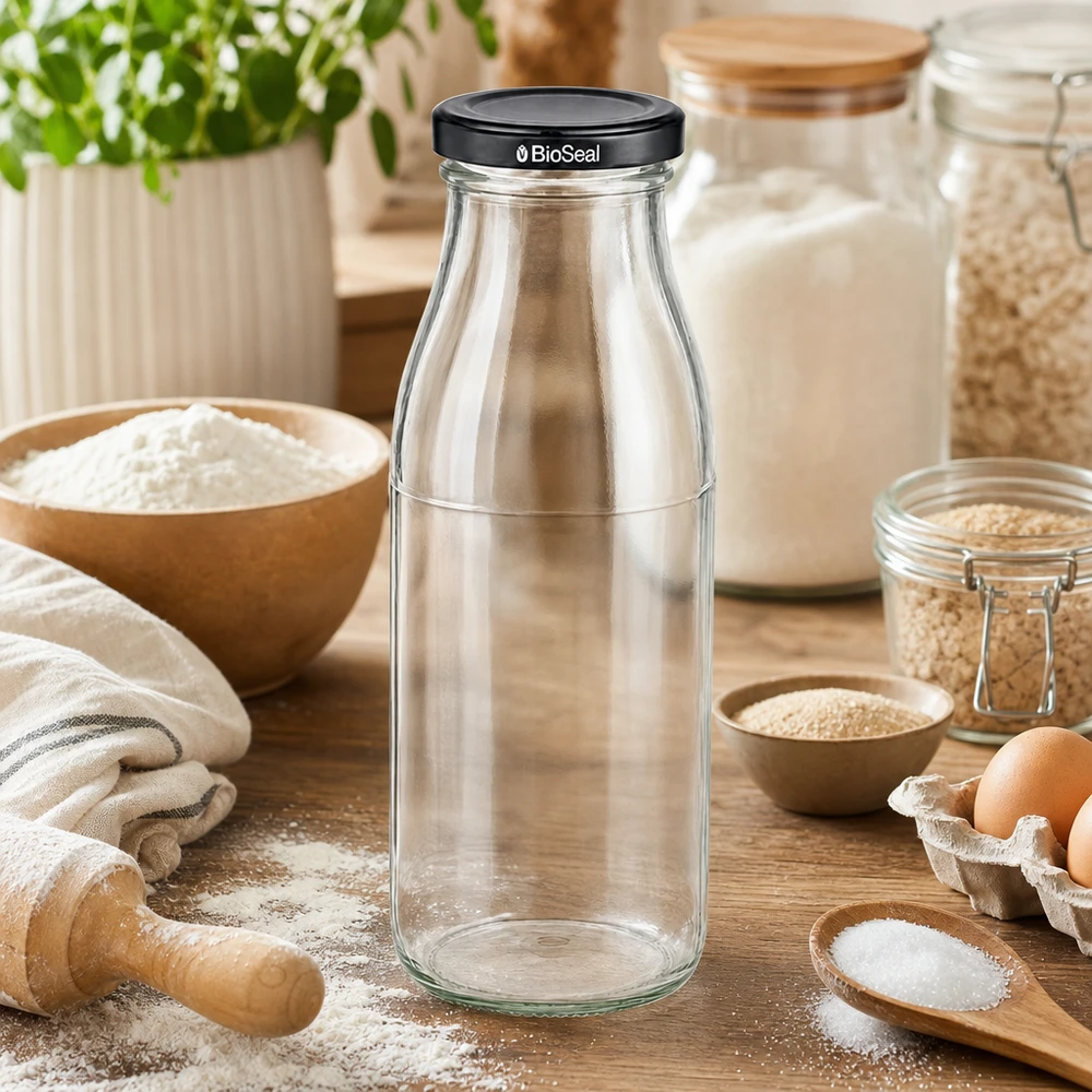 500 ml glasflaska + BioSeal-lock svart UNiTWIST 500ml Glasflasche mit BioSeal Deckel in rustikaler Küche zwischen Backzutaten Mehl und Eiern für Kochbegeisterte