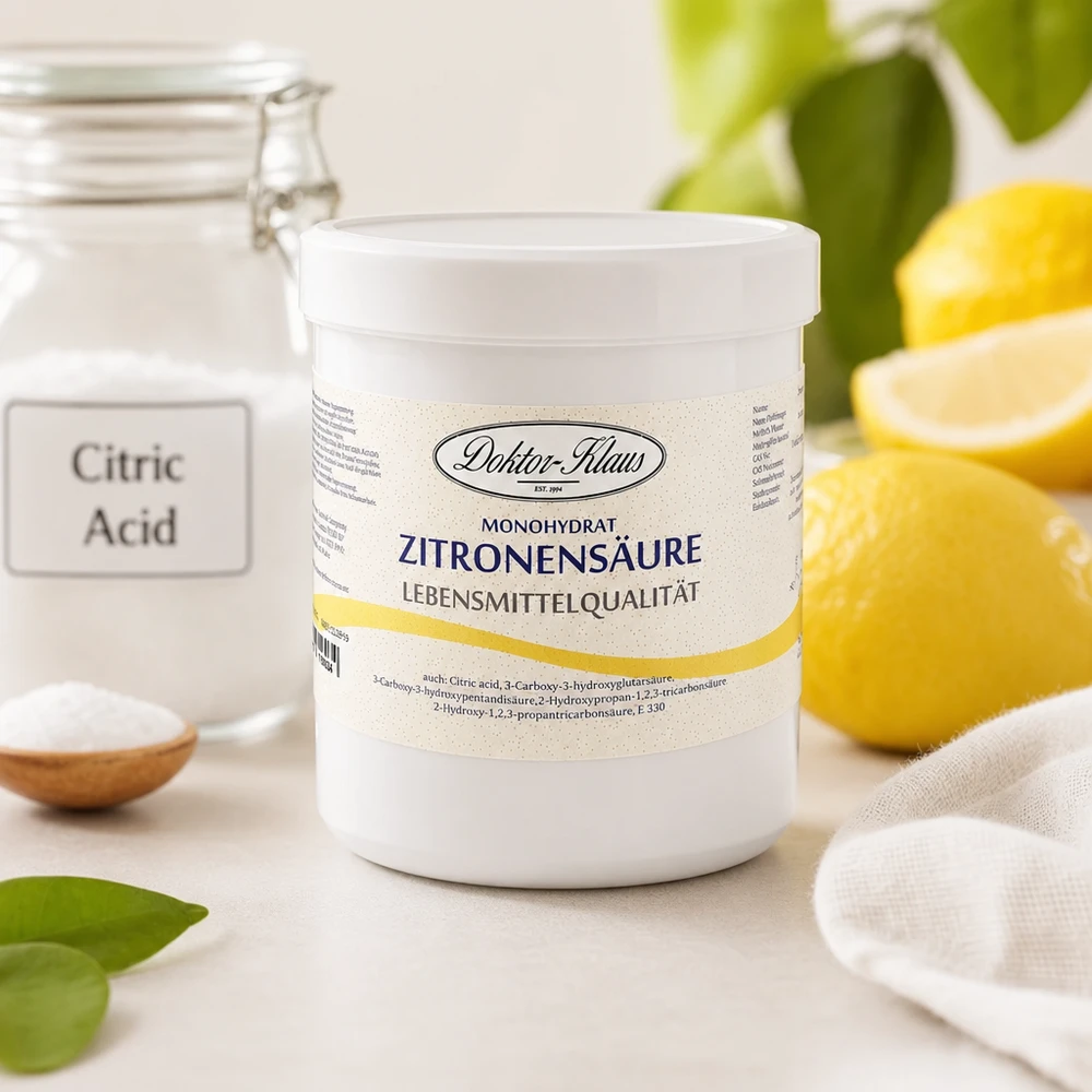 Citronsyra monohydrat 500g Doktor-Klaus livsmedelskvalitet med naturliga citroner i bakgrunden