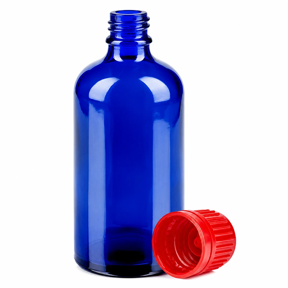 100ml flaska 11mm skruvkork röd säkerhetsförslutning BlueLine UT18/100 100ml glasflaska BlueLine UT18 med 11mm lock för farmaceutiska applikationer