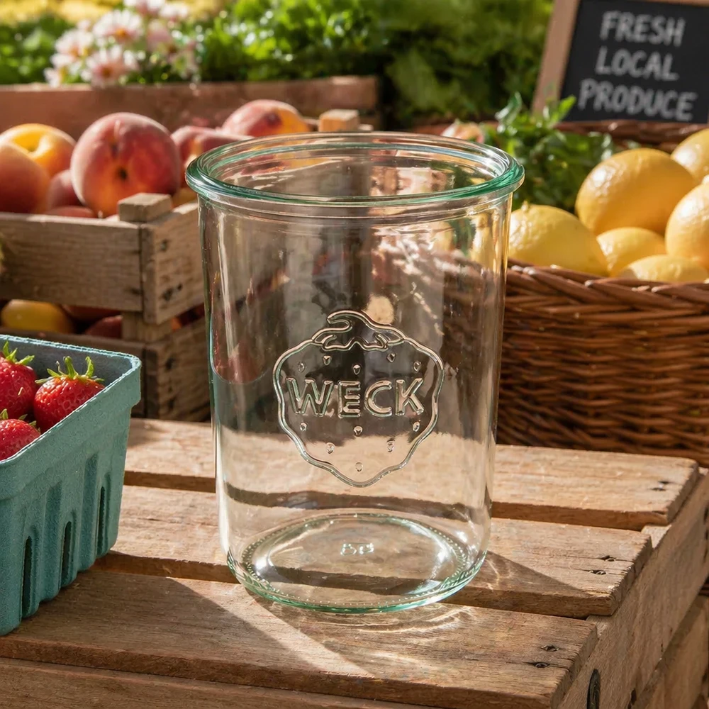 850ml Krossade glasögon WECK RR100 850 ml WECK RR100 glasmuggar i klarglas med logotyp på trälåda mellan färsk frukt och grönsaker