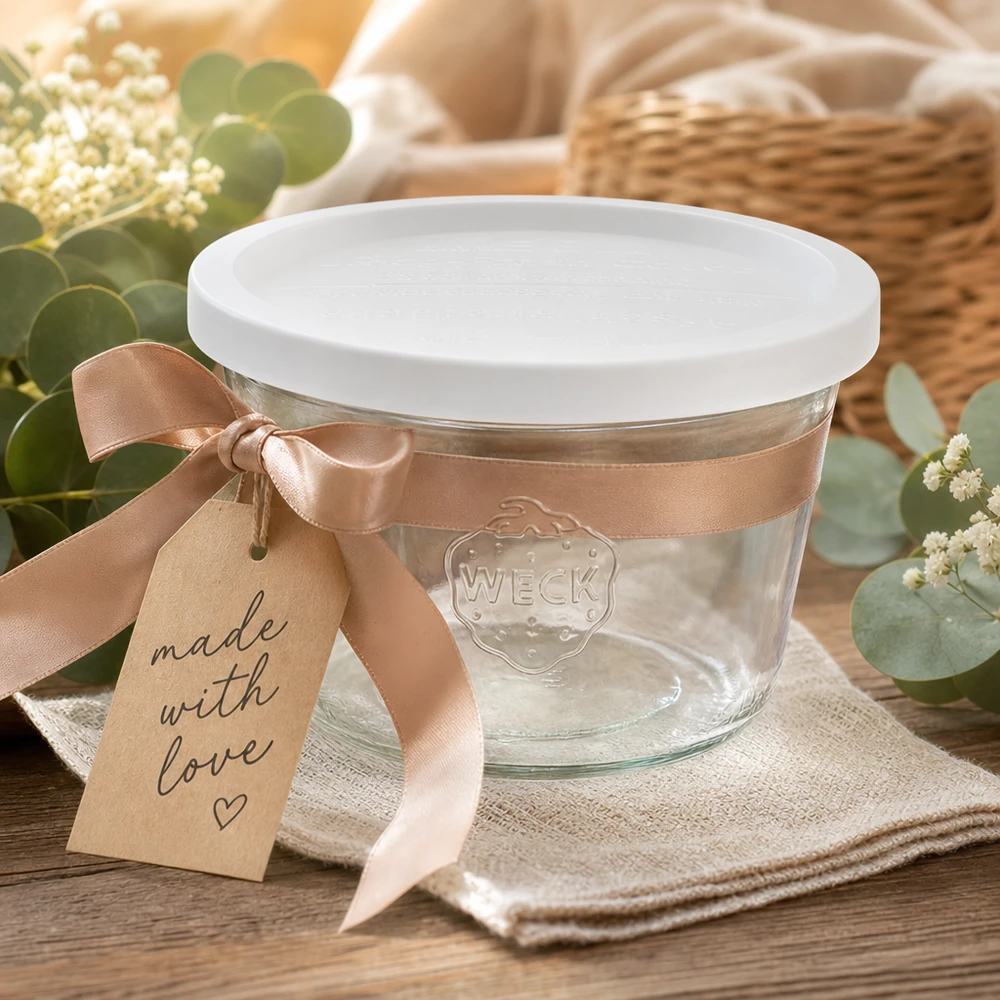 WECK tumblers 370ml RR100 presenteras dekorativt med rosett och presentetikett Made with Love på ett träbord
