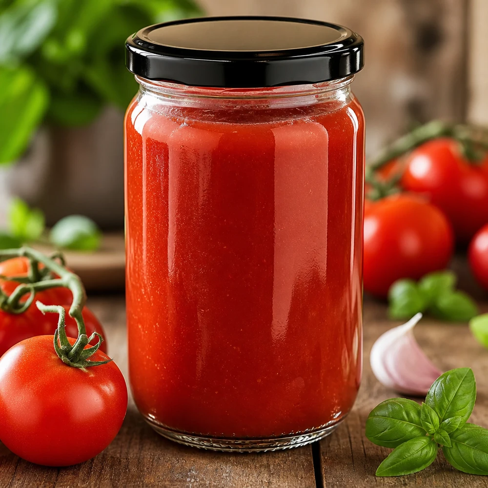 555 ml rund glasburk av typen UniTwist med svart BasicSeal-lock, fylld med röd tomatsås