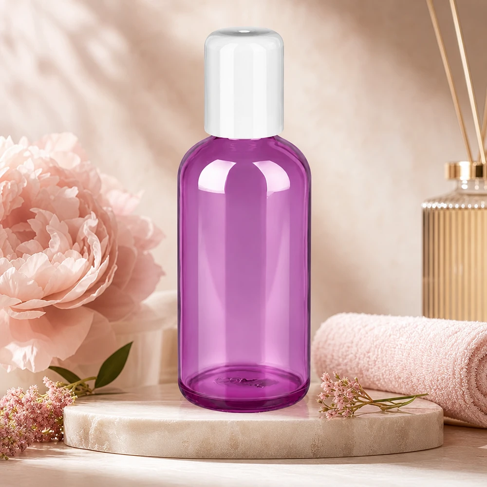 Transparent 100 ml roll-on-flaska i snygg lila färg med praktisk kulapplikator