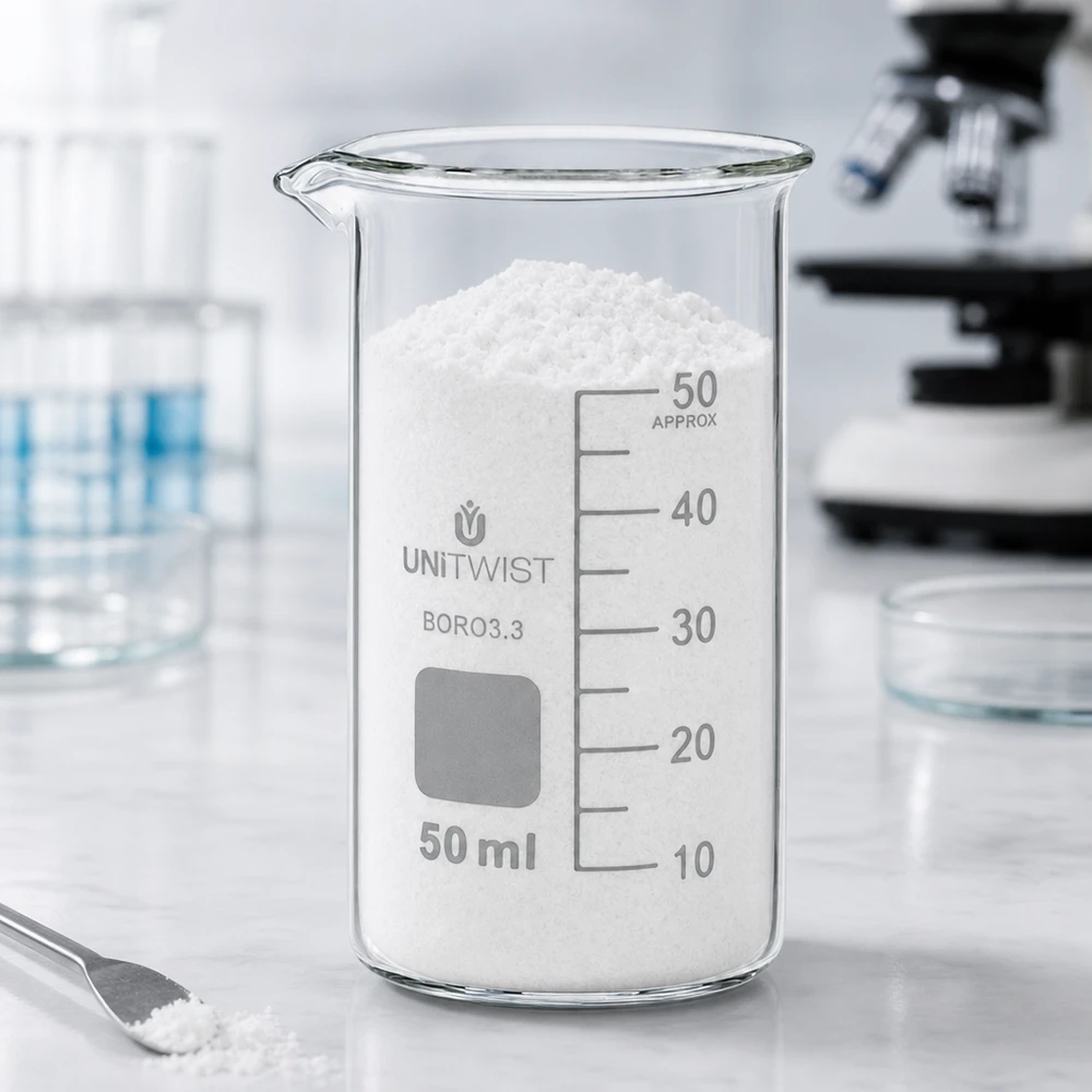 UNITWIST bägare, 50 ml, hög modell, borosilikatglas, fylld med vitt pulver i laboratoriet