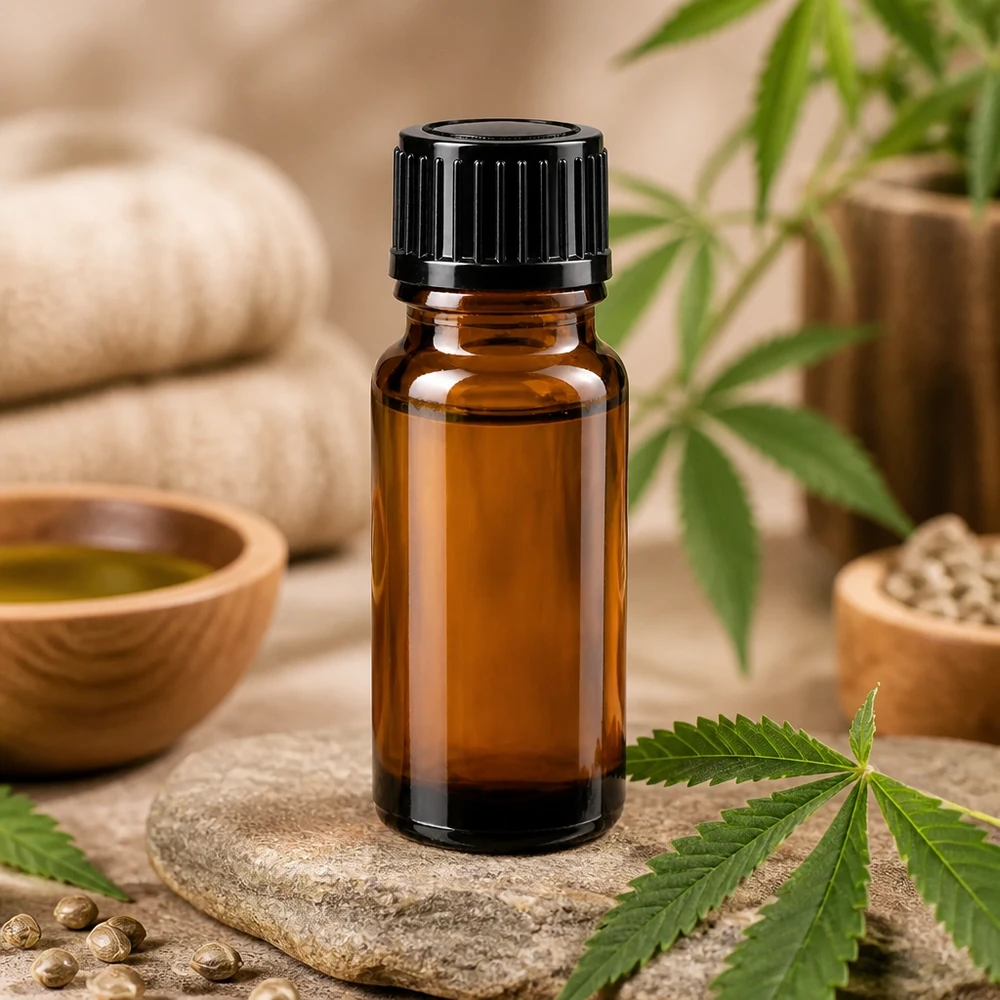 Apoteksflaska brun 10ml dropplock 1mm svart standard 10 ml brun glasflaska med svart droppkork bredvid cannabisblad och hampfrön