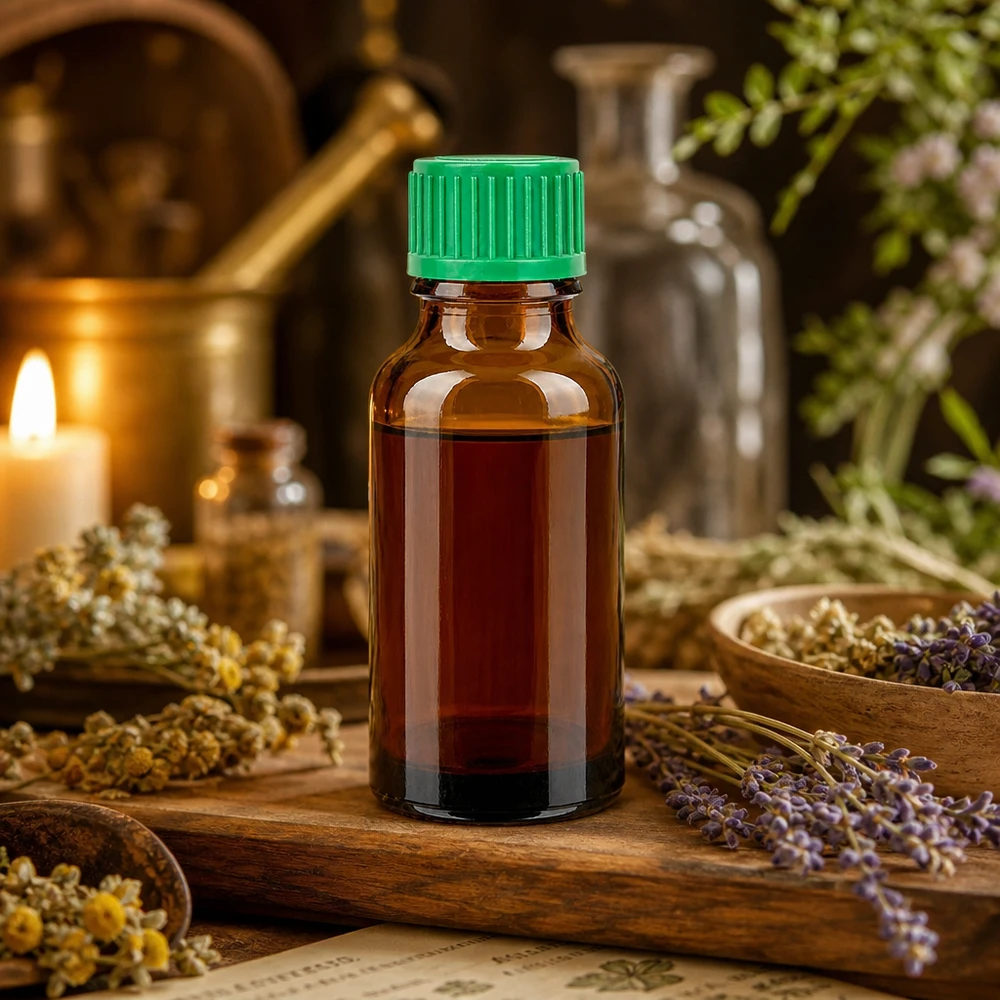 Apotekarflaska 20ml brun med grön droppsats för homeopatiska läkemedel och tinkturer