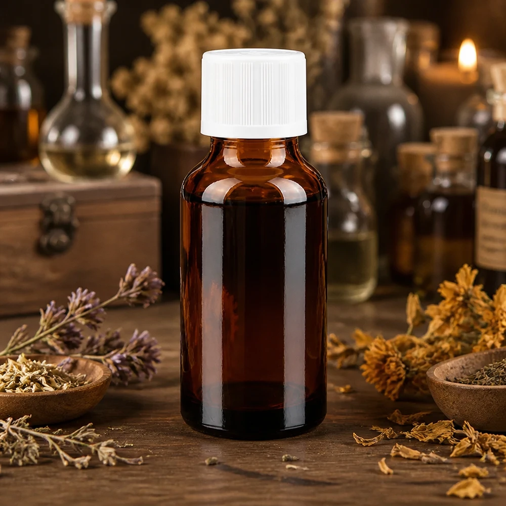 Liten 20 ml-flaska av brunt glas med vitt skruvlock, blandad med torkade örter och medicinalväxter