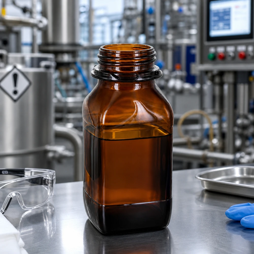 Kvadratisk 500 ml laboratorieflaska av bärnstensfärgat glas med praktisk skruvgänga för säker förslutning