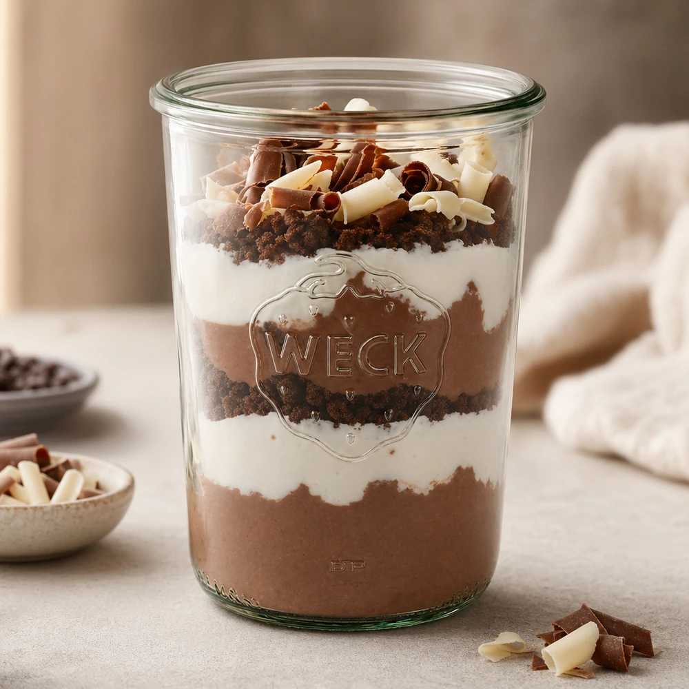 850 ml WECK RR100-glas fyllda med en dessert i lager av chokladmousse, grädde och kexsmulor