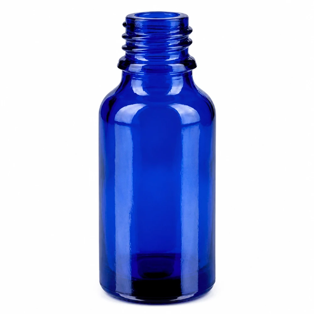 Liten 20 ml glasflaska i blått med skruvgänga för spraytillbehör och kosmetiska produkter