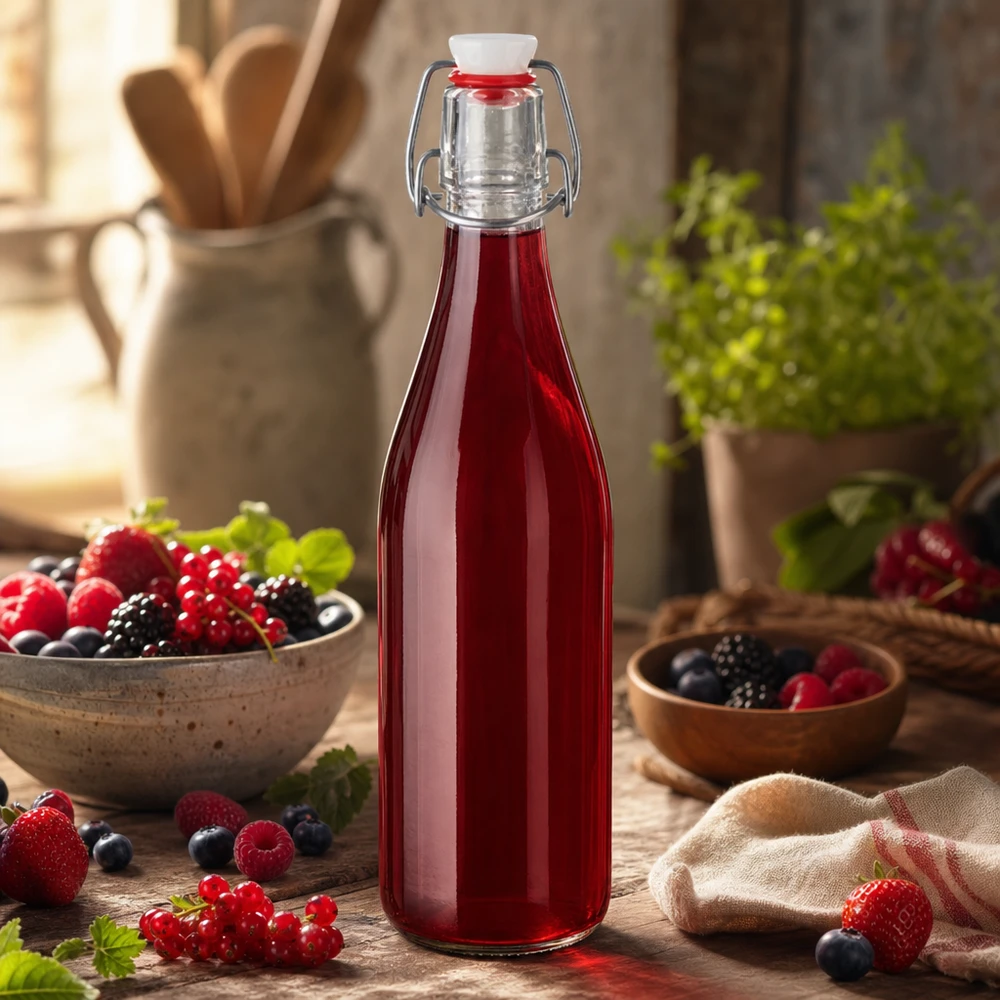 500ml glasflaska + svängbar topp PVC UNiTWIST 500ml Glasflasche Bügelverschluss mit rotem Beerensaft gefüllt Fruchtsäfte Smoothies selbstgemacht Küchendeko