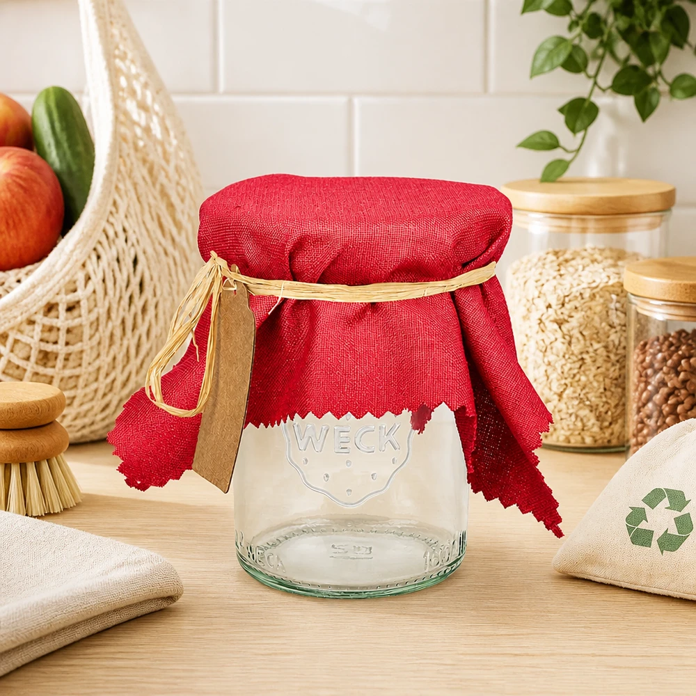 Material-servett, bordeaux, kvadratisk, 15 cm Bordeauxrotes Stoff Schmuckdeckchen 15cm eckig auf leerem WECK Glas mit Raffiabast in natürlicher Küchendeko