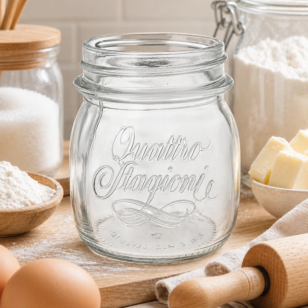 250ml Quattro Stagioni hushållsburk konserveringsburk med emblem på träbord med köksredskap och ingredienser