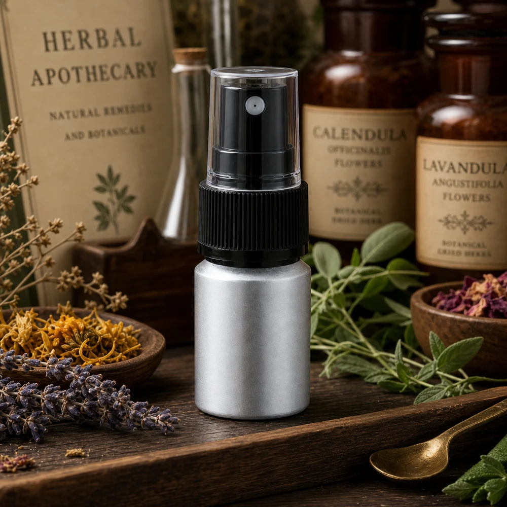 10ml flaska i betad aluminium med atomiser Kompakt 10 ml aluminiumflaska med finfördelare för örtextrakt och naturläkemedel silver