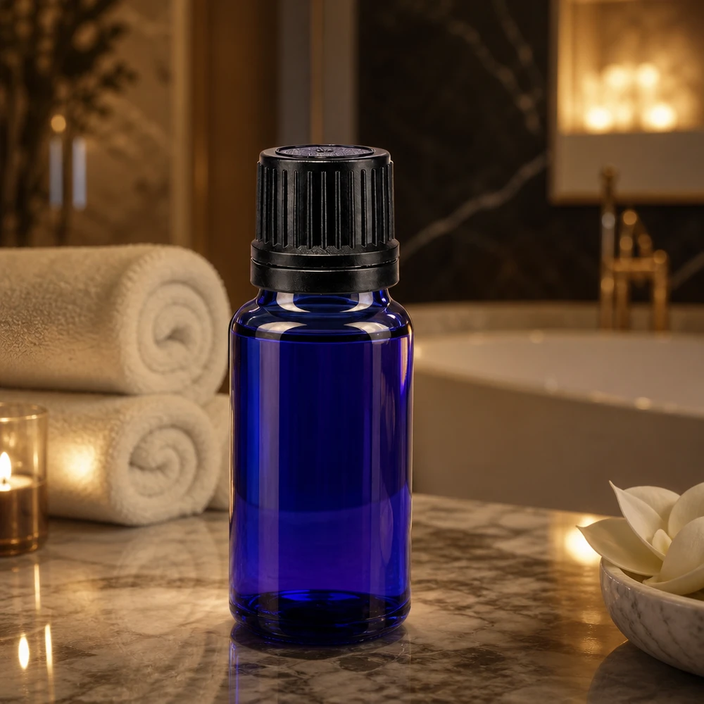Koboltblå glasflaska på 20 ml med svart barnsäkerhetslock i spa-miljö