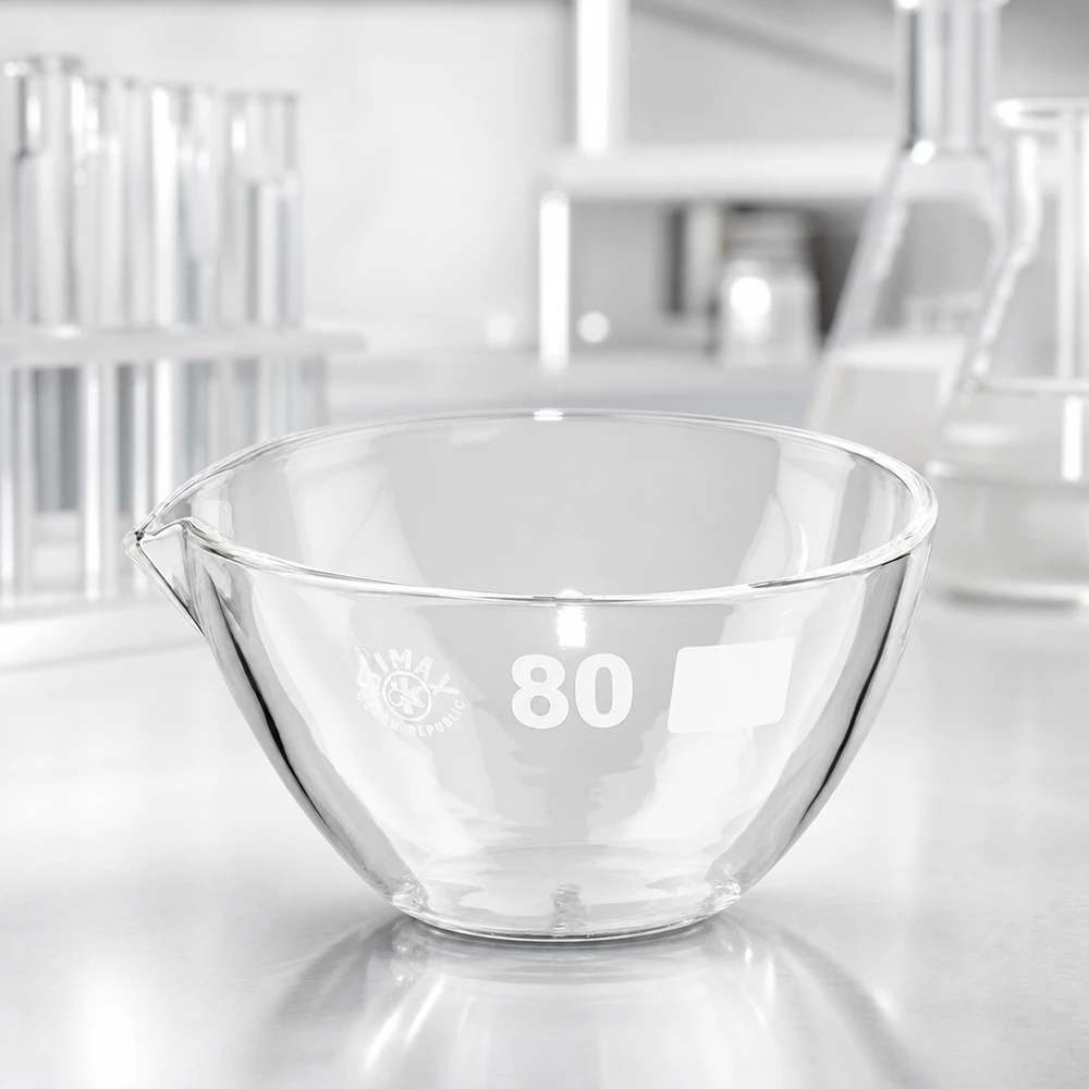 90ml indunstningsskål med pip av borosilikat ø80mm Transparent glasskål 90 ml med pip av högkvalitativt borosilikatglas för professionell laboratorieutrustning
