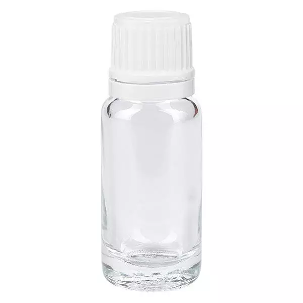 Apoteksflaska klar 10ml skruvkork vit manipulationsskyddad förslutning Apoteksflaska klar 10ml skruvkork vit manipulationsskyddad förslutning