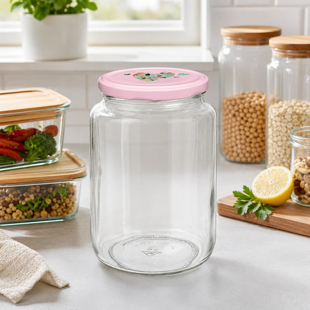 795 ml rund burk + BasicSeal-lock hjärtrosa UNiTWIST Vorratsglas 795ml in Küche mit rosa Herzdeckel für Lebensmittelaufbewahrung neben anderen Glasbehältern