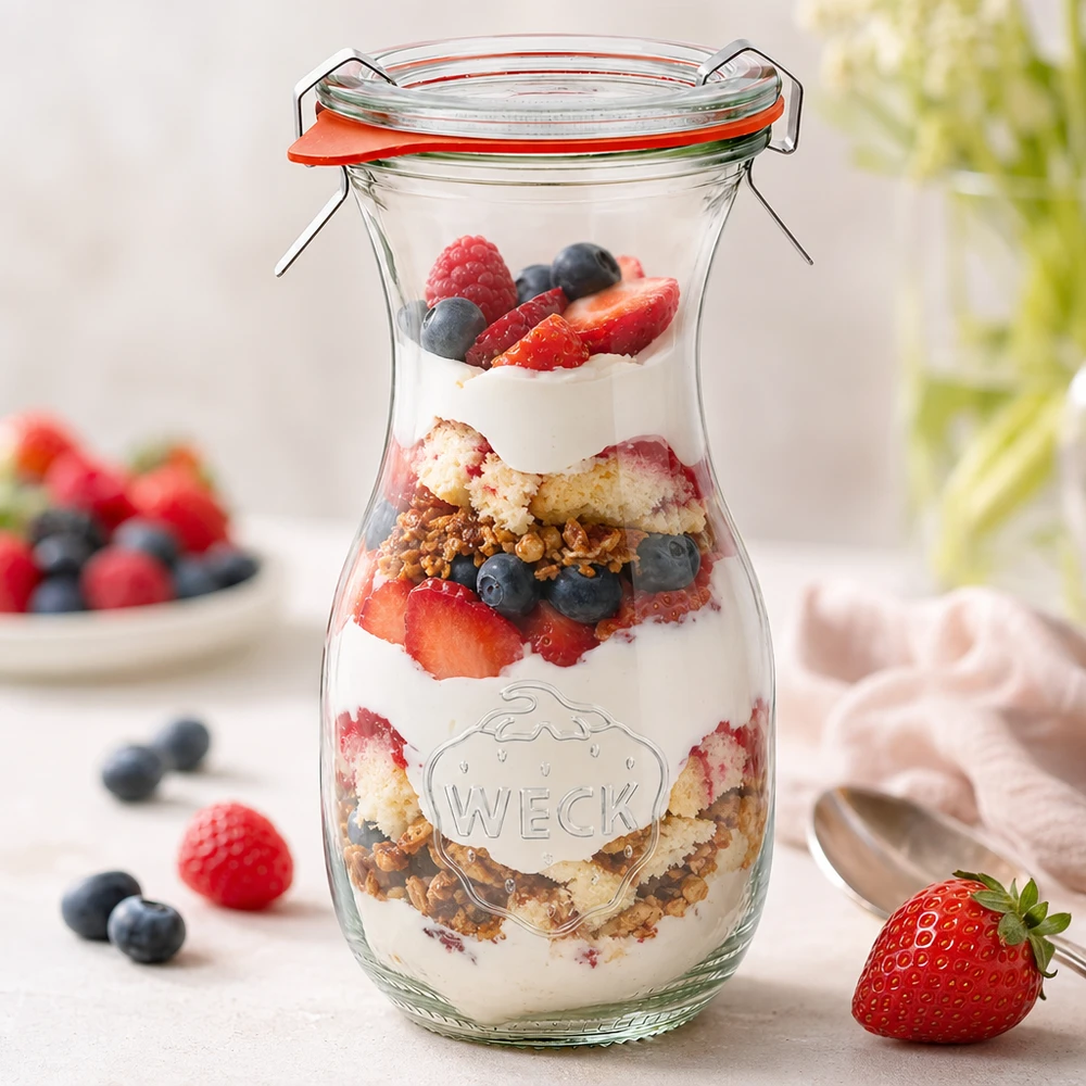 290 ml juiceflaska, komplett WECK RR60 WECK juiceflaska 290ml RR60 med en lagrad dessert med yoghurt, bär och granola som en kreativ idé för användning